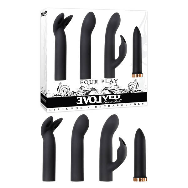 Evolved - four play - clitoral vibrator kit - Product front view and box front view | Flirtybay.com.au